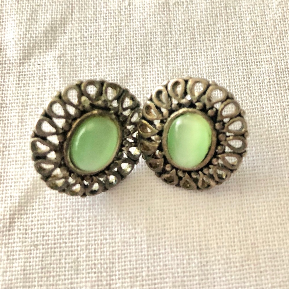Vintage green silver tone pierced earrings